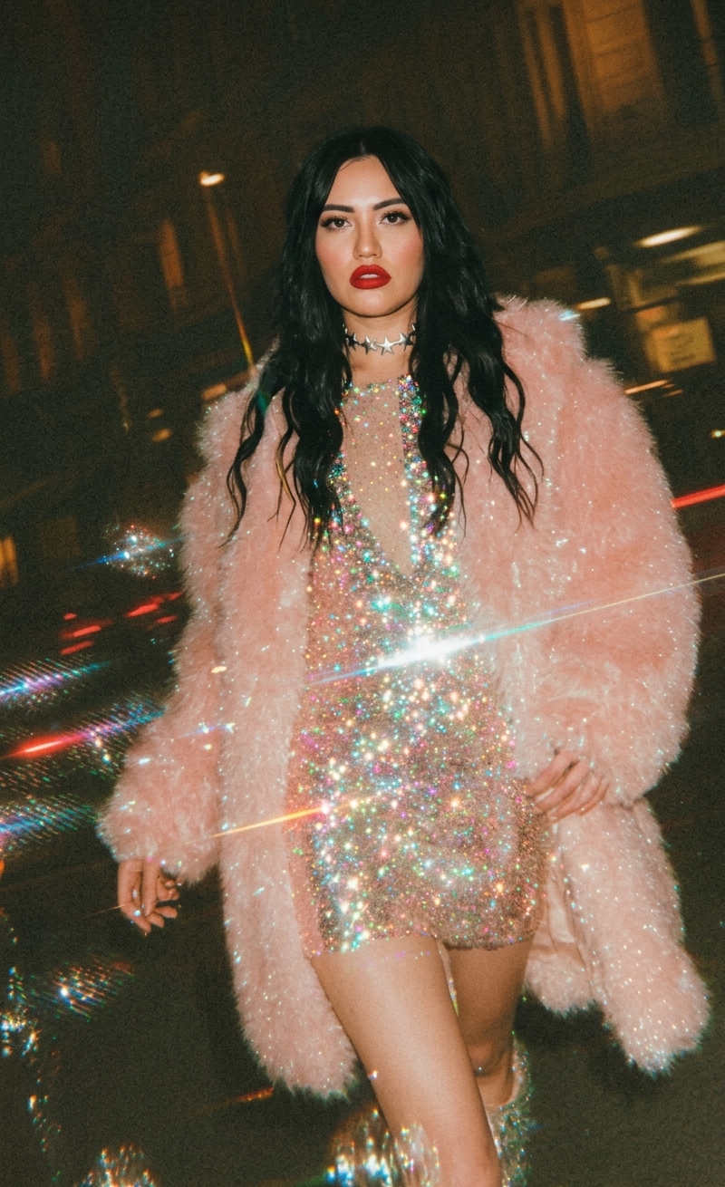 Vi de Venus con abrigo rosa y vestido brillante durante una noche en la ciudad