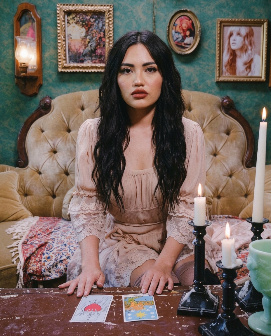 Vi de Venus sentada frente a su mesa de tarot, con velas encendidas y cartas sobre la mesa