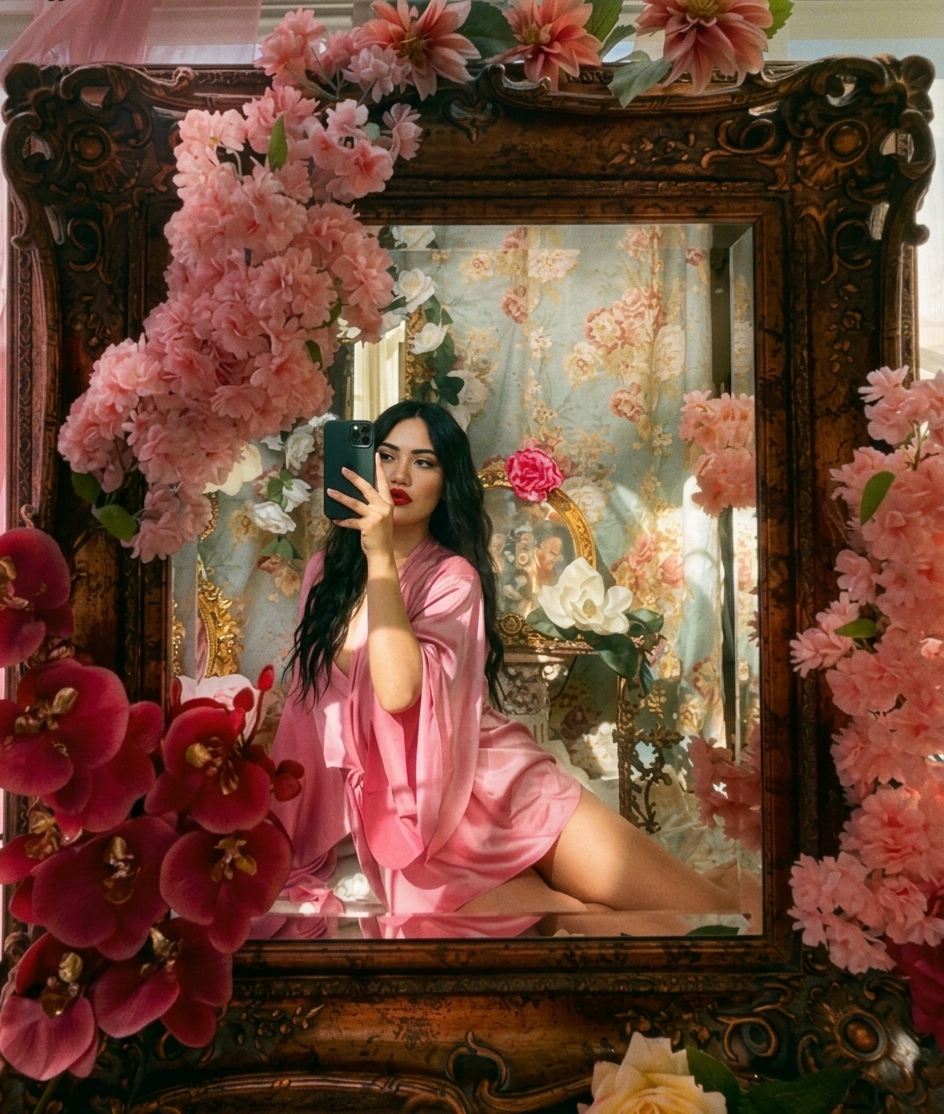 Vi de Venus en bata rosa frente a un espejo dorado rodeado de flores